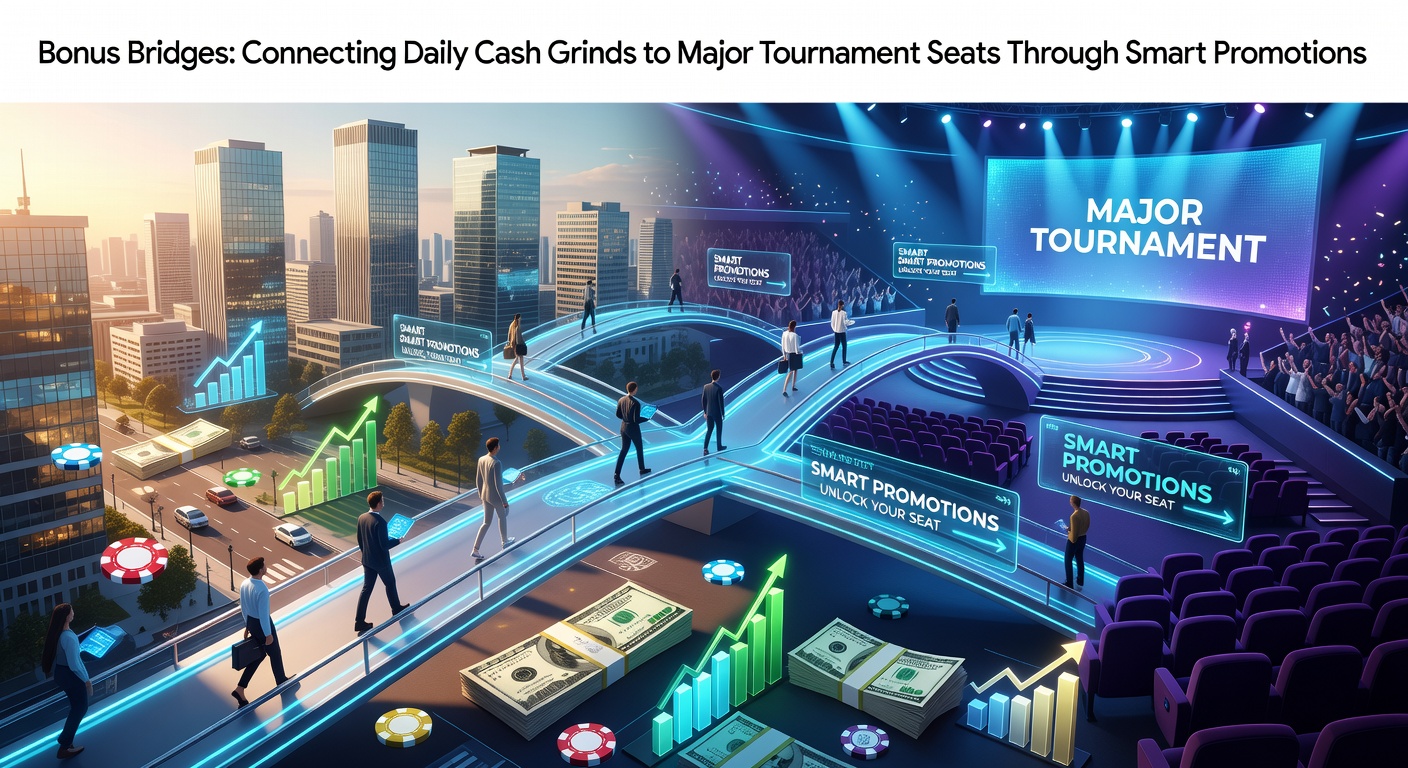 Grafische weergave van een brug die cash game tafels verbindt met een groot toernooi podium, symboliserend promoties die spelers van dagelijks grind naar major events leiden
