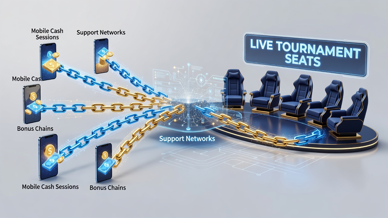 Diagram van support chats die bonus chains van mobiele cash games naar live tournament entries leiden