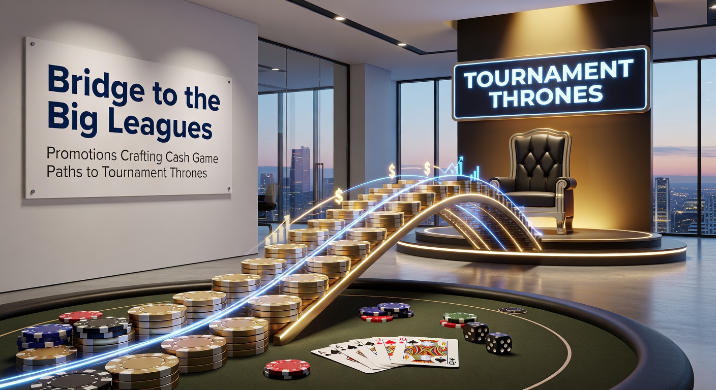 Spelers aan een cash game tafel die via promoties doorstomen naar een groot toernooi podium, met chips en kaarten in actie