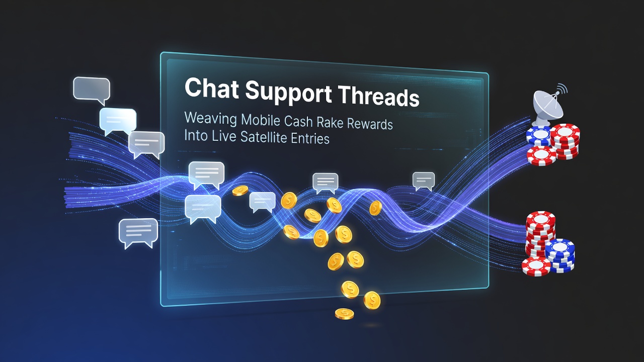 Illustratie van chat support threads die mobiele cash games verbinden met live poker satellieten