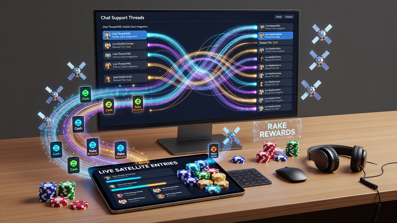 Weergave van een live satelliettoernooi met mobiele integratie via support chats