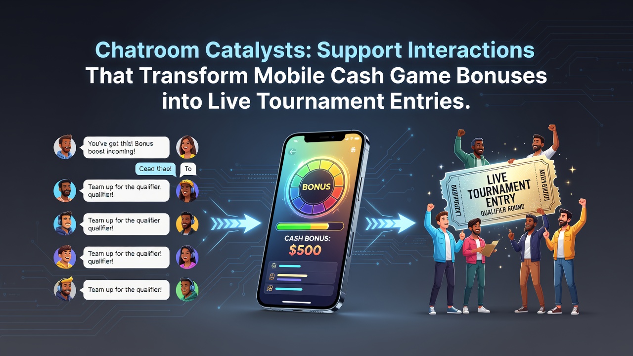 Illustratie van chatinteracties die mobiele pokerbonussen koppelen aan live toernooien
