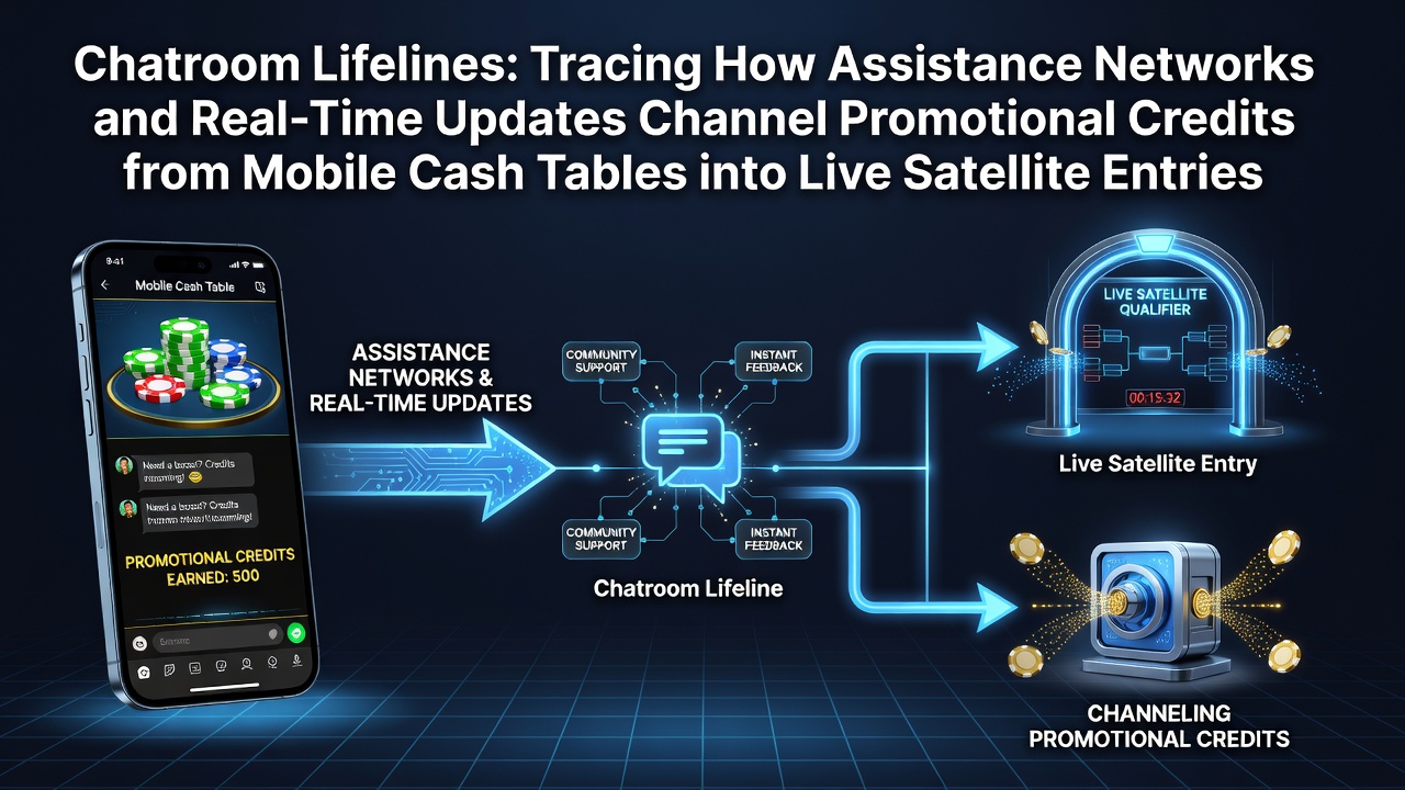 Chatroom interfaces tonen real-time updates die promotionele credits verbinden met live satelliettoernooien