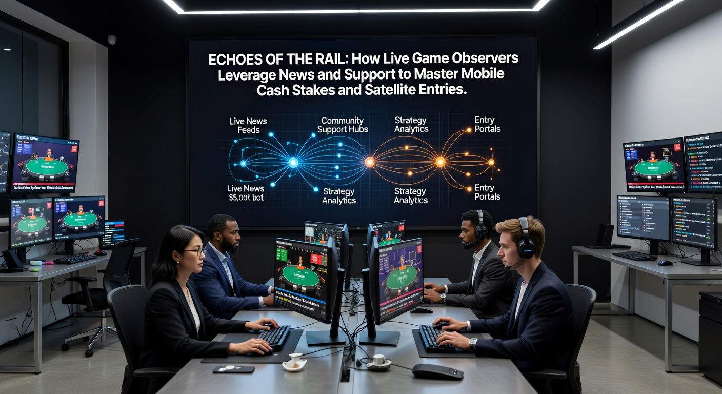 Live poker spelers aan de rail observeren een intensieve cash game sessie op mobiele apparaten, met nieuwsfeeds en support chats zichtbaar op schermen
