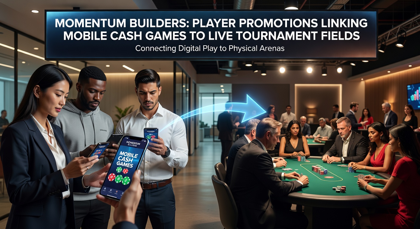 Spelers bij een live pokertoernooi met mobiele apparaten in de hand, symboliserend de brug tussen online cash games en live velden