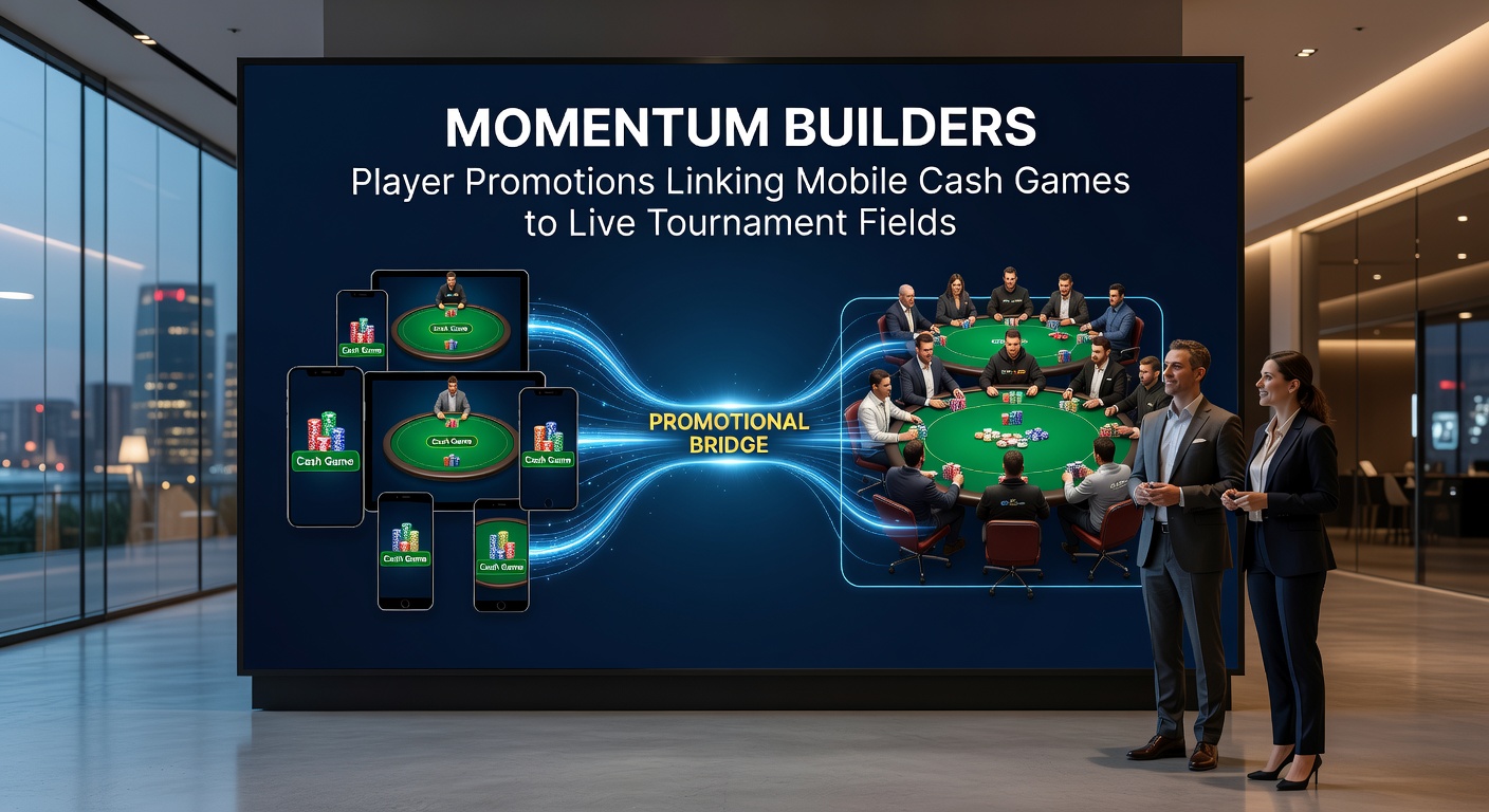 Grafiek met stijgende lijnen van mobiele cash game volume naar live tournament entries, illustrerend momentum-opbouw in promoties