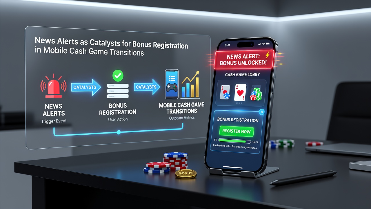 Overzicht van mobiele cash game interfaces met actieve nieuwsalerts en bonusregistratie opties