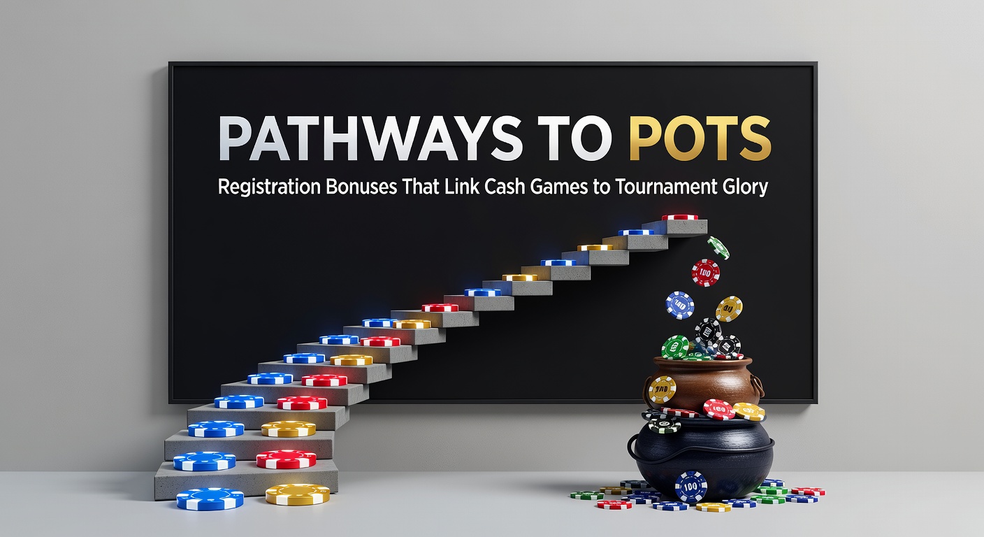 Speler die een registratiebonus activeert aan een poker tafel, met cash game chips en toernooitickets in de achtergrond