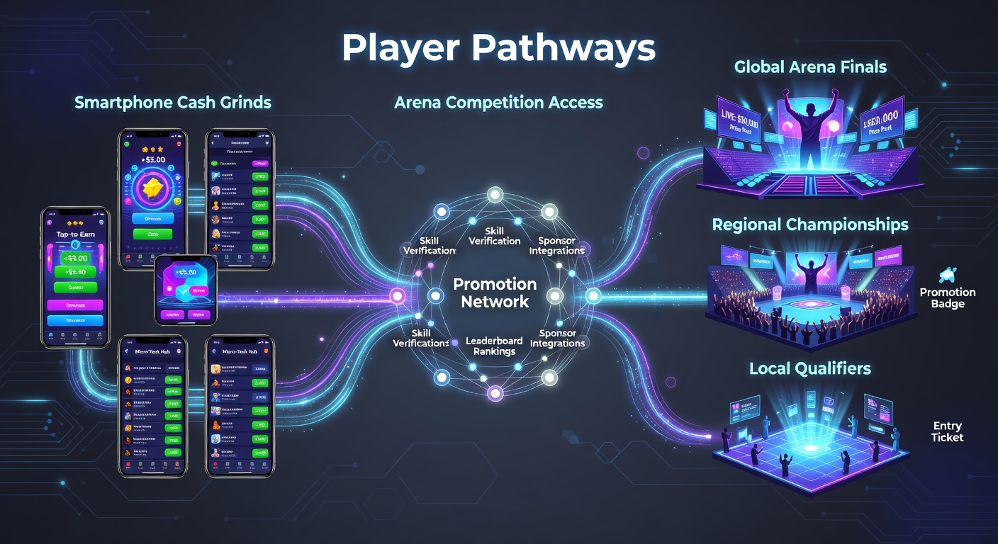Diagram van real-time updatesystemen die cash game voortgang linken aan arena kwalificaties