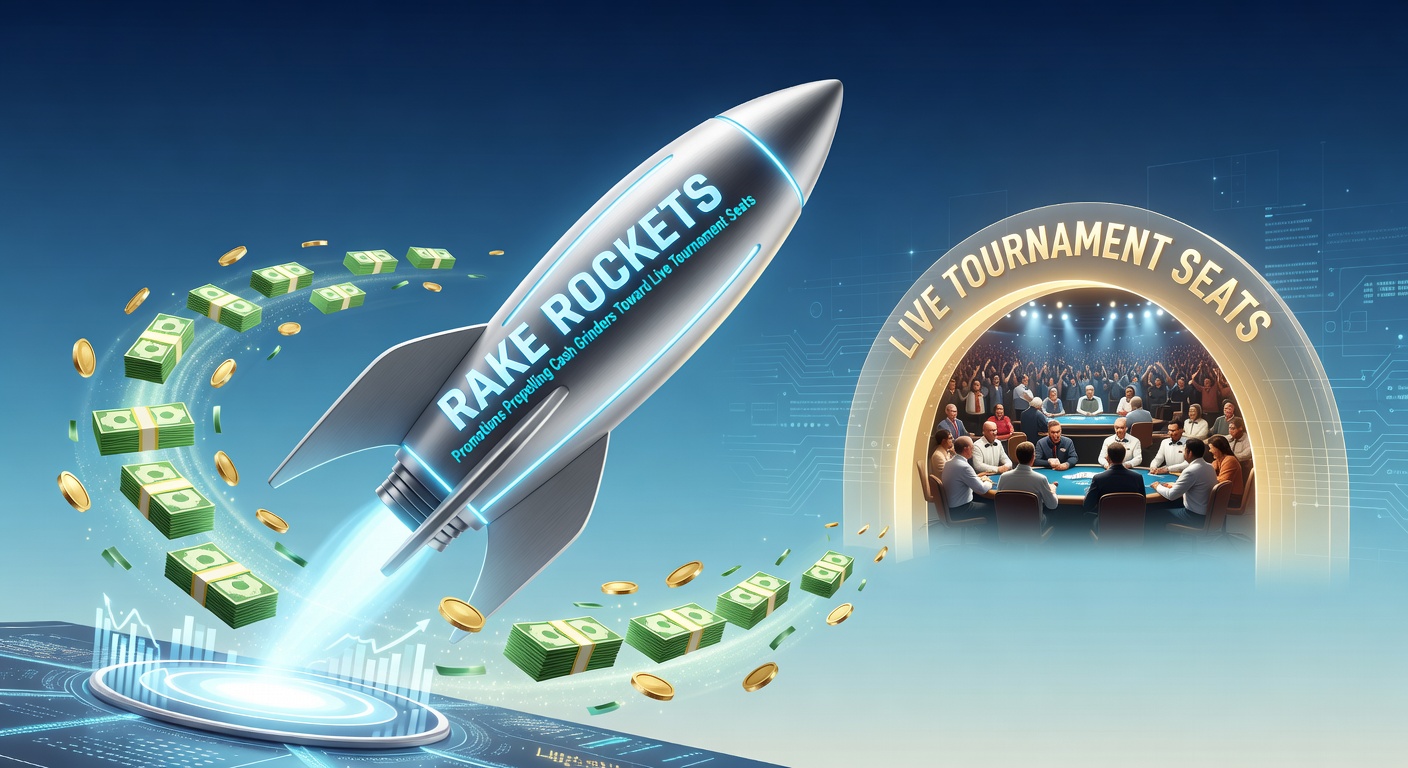 Speler aan een live pokertoernooi tafel, symboliserend de overgang van online cash grinding naar live action via rake promoties