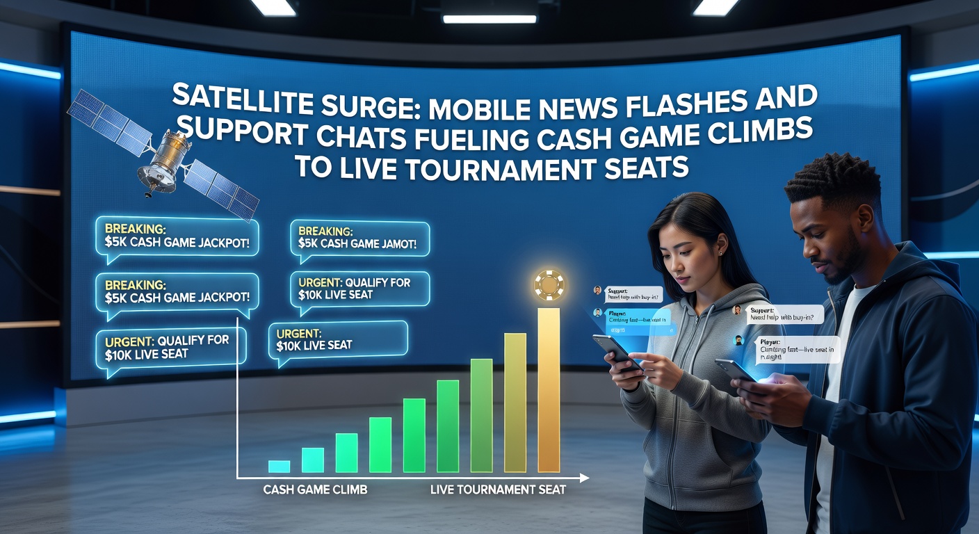 Speler checkt mobiele app met satellietnotificatie tijdens cash game sessie, op weg naar live toernooi