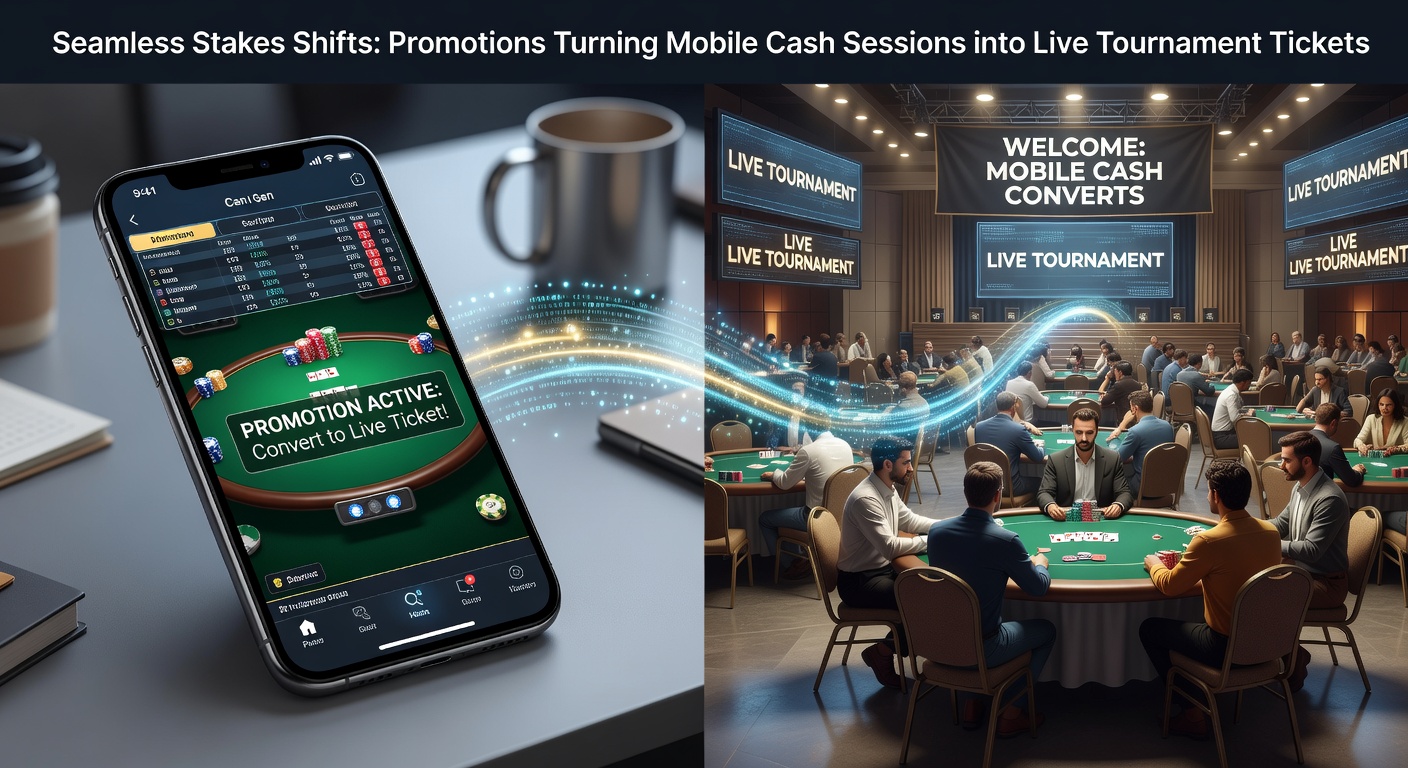 Speler aan mobiele pokerapp met live toernooi ticket in de hand, symboliserend de overgang van cash games naar toernooien