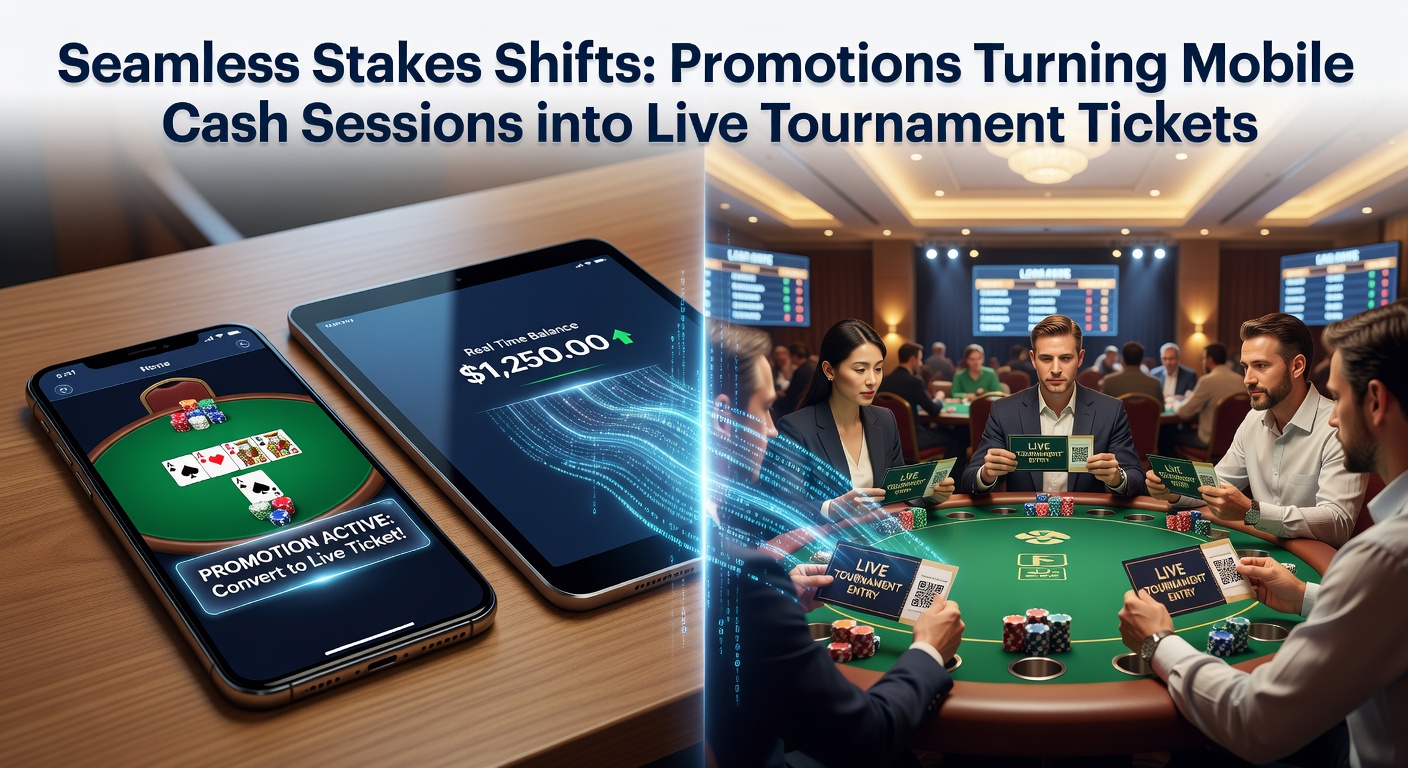 Live poker toernooi zaal met spelers die mobiele phones checken voor promo updates, illustrerend de brug tussen online en offline