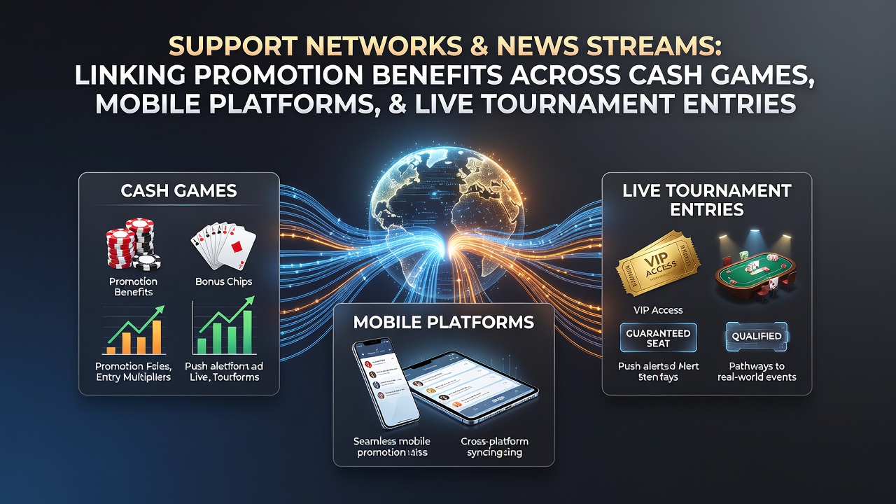 Illustratie van verbonden pokerpromoties via supportnetwerken en nieuwsfeeds over cash games, mobiele apps en live toernooien