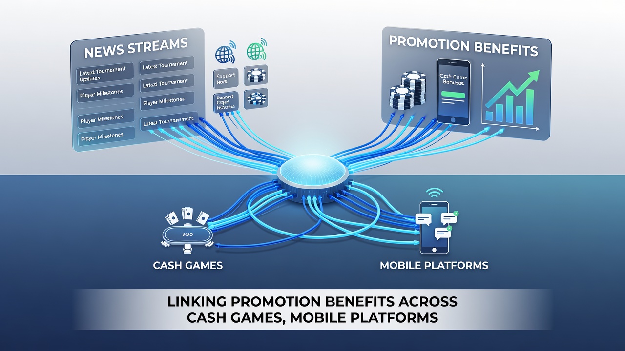 Afbeelding van mobiele poker apps en live toernooien verbonden door nieuwsstromen en supportnetwerken